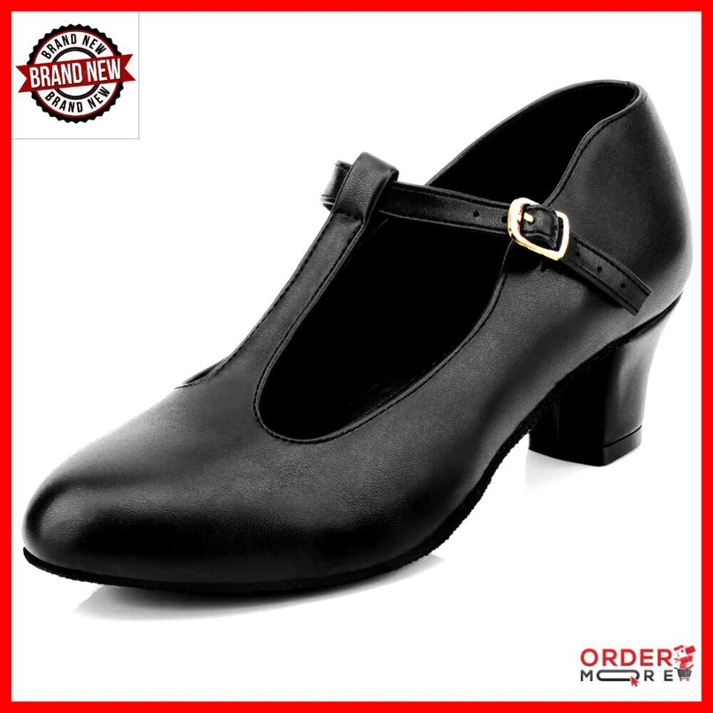 Leather T-Strap Dance Heels, 2.2 Inch Heel, Non-Slip Sole, Adjustable Buckle